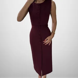 Summer Solid Color Round Neck Sleeveless Single Breasted Multi-button Elegant Dresses Sehe Fashion