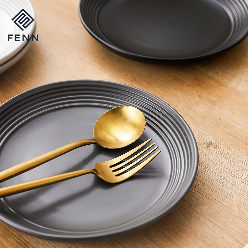 FENN factory direct modern black/gray/white matte ceramic charger dinner plate for pasta pizza steak dishes plate for restaurant