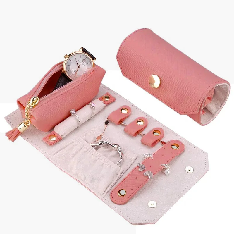 Portable Pink PU Leather Jewelry Organizer Display Rectangle Travel-friendly Jewellery Case Storage for Home and Journey