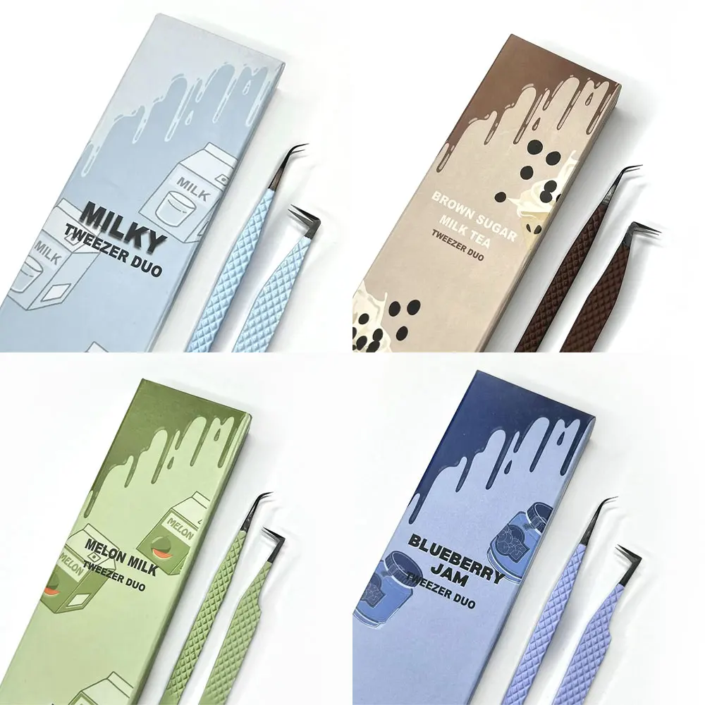 Colourful Grip Eyelash Tweezers Custom Box Packing Private Label Fiber Tip Volume Lash Extension Tweezers Set