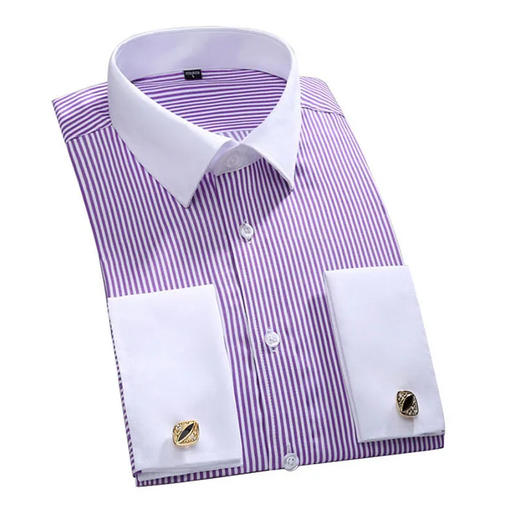 Camicie eleganti a maniche lunghe in tessuto twill da uomo a righe con risvolto jacquard da ufficio business con bottoni548_voghion.com