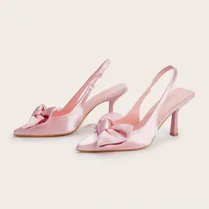 BUSY GIRL CXX233 Women High Heels Pointed Toe White Satin Bow-knot Slingback Stiletto High Heels Outdoor Autumn Summer