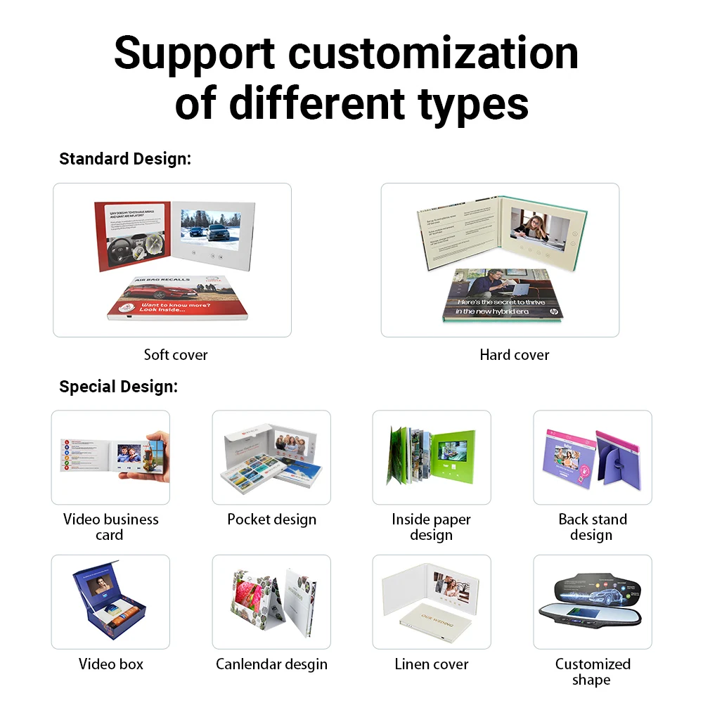 Custom Logos Video Invitations Book Lcd Business Card Gift Screen Mp4 Player Video Album Greeting Business Video Brochure
