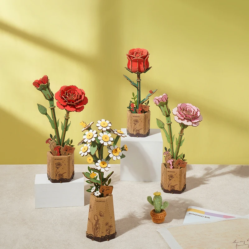 Robotime Wood Crafts Desktop Decoration Assemble Toys TW052 DIY 3D Wooden Red Carnation Puzzles