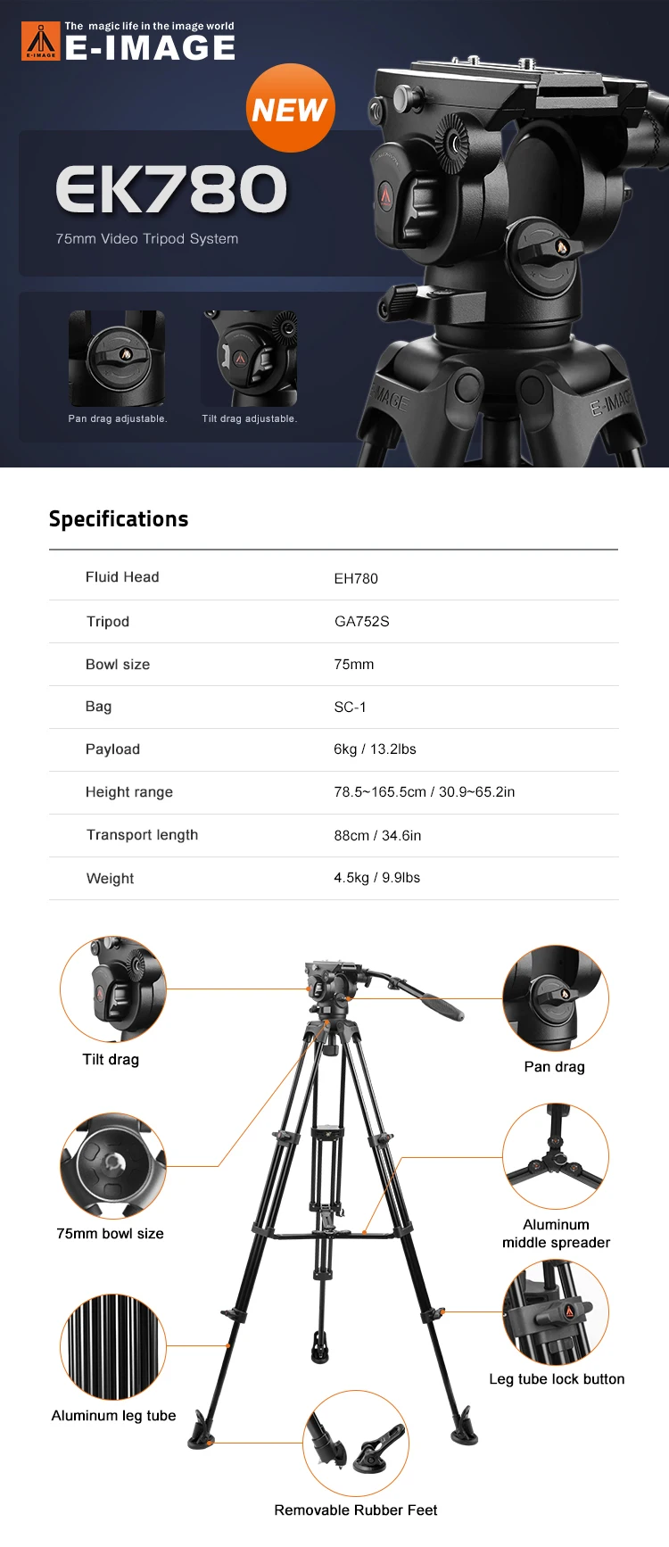 .E-IMAGE EK780 EK780 PLUS Tripod Aluminum Alloy Professional 75MM 100MM Ball Bow