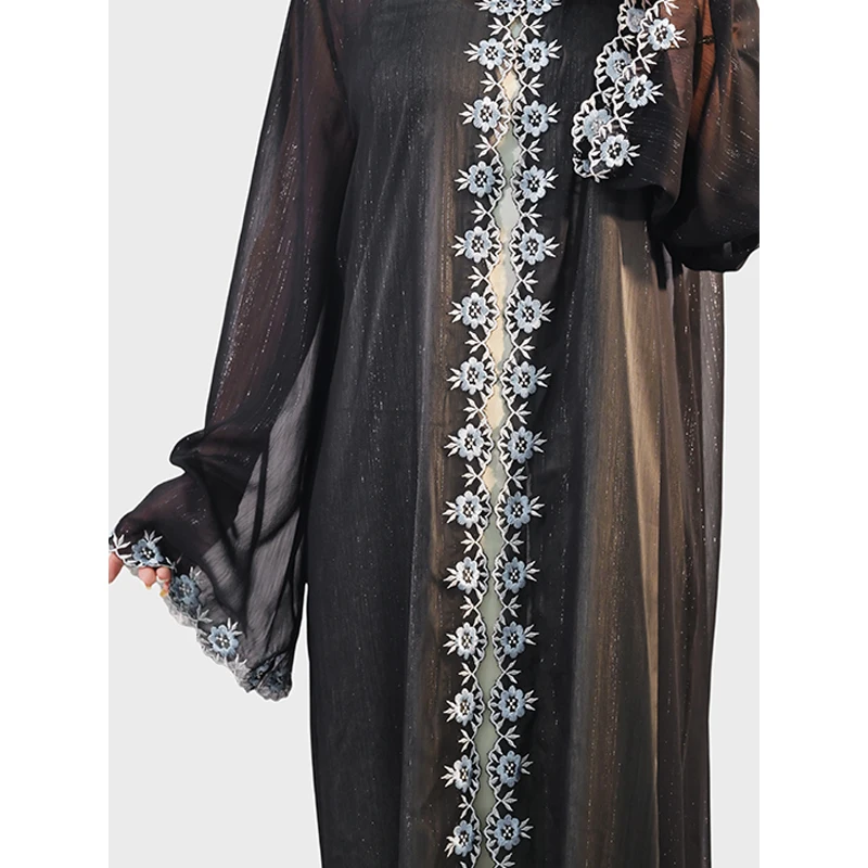 Elegant Black Abaya With Floral Bloom Embroidery Kimono Abaya Islamic Vestidos Dubai Arab Long Rob Women Muslim Abaya