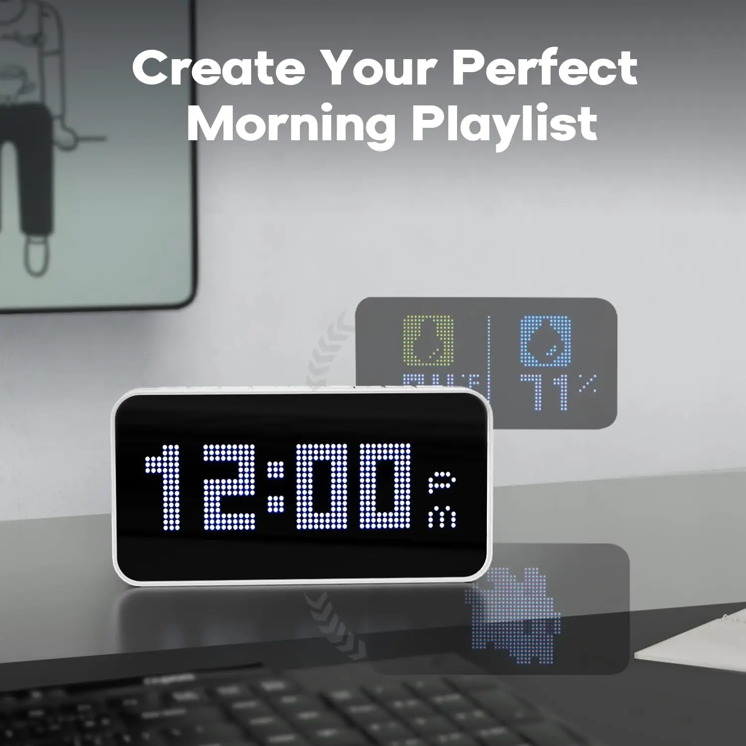 Smart Digital Alarm Clock for Bedroom Cool Pixel Art LED Dot Matrix Display Weather Temperature Humidity Animation Sleep Machine