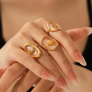 MW Creative Stainless Steel Oval Starfish Shell Hammered Ocean Style Adjustment Ring 18k PVD Gold Plated Stainless Steel Rings
