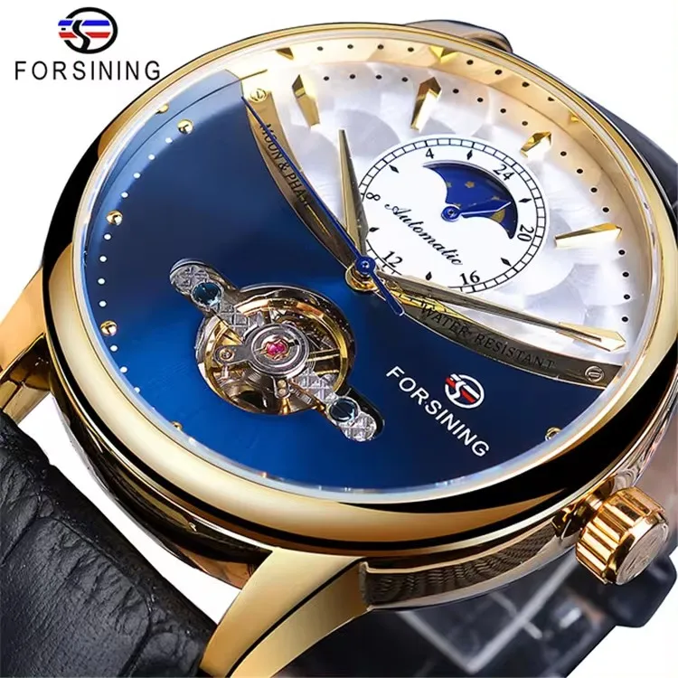 Forsining GMT1150 Moon Phase Automatic Watch Royal Men Waterproof Mechanical Wristwatch Casual Genuine Leather Tourbillon Clock