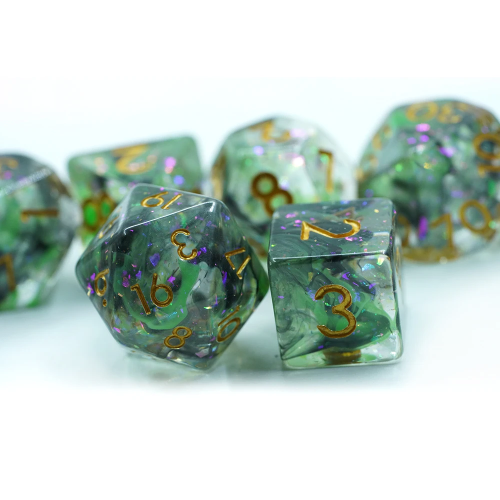 Conjunto de 7 Dados Verdes com Bordas Arredondadas em Resina 16mm para Jogo DND