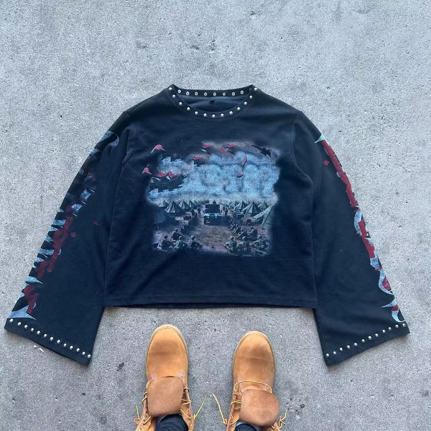 Clothing Manufacturers Custom Streetwear Graphic Printed Rivet Waffle Long Sleeve Oversized Cropped T-shirt Boxy t Shirt for Men gallery 2