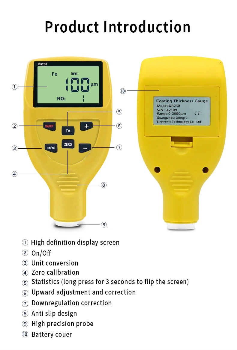 Dr230 Portable Thickness Meter Lcd Digital Display Plastic Film Car Paint Coating Thickness