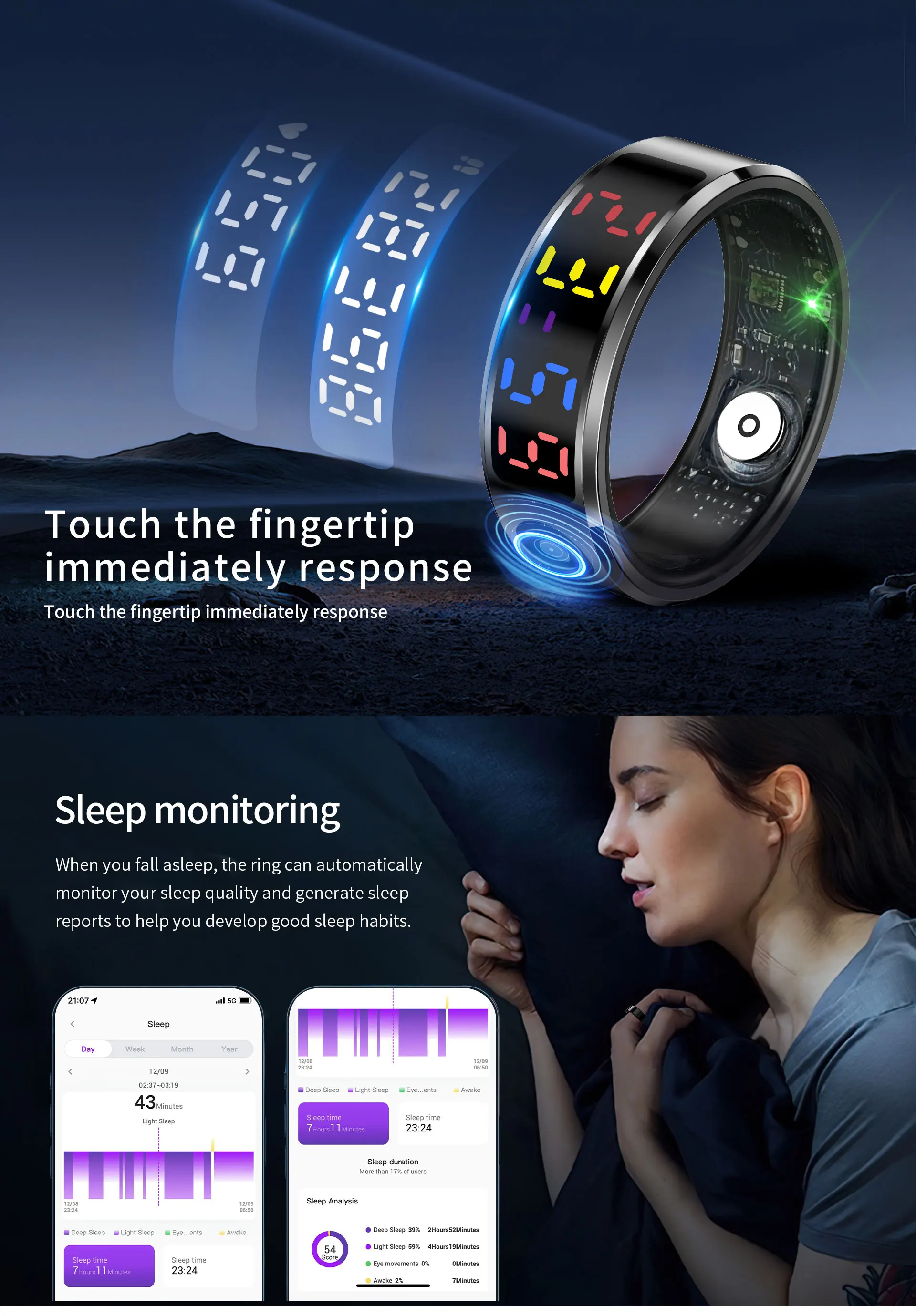 R12 Smart Ring Color Screen Heart Rate Sleep Monitoring Intelligent Sport Waterproof 5ATM Health Smart Ring for Men