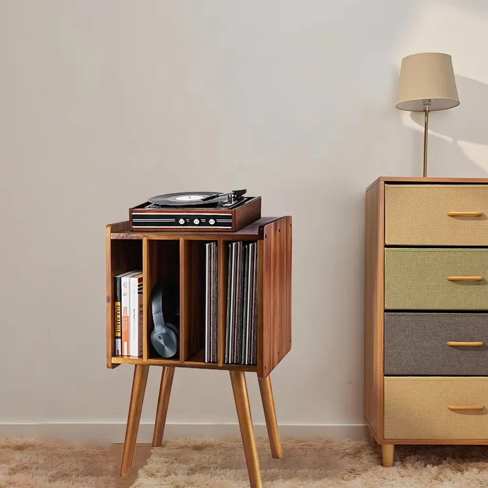 product acacia wooden modern 4 tier multifunctional lp record player bracket storage rack organizer bedside table home coffee use-3