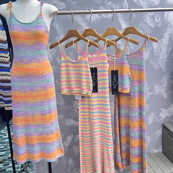 Summer Women Casual Dresses quality knit Sleeveless Rainbow Striped Halter Dress Knitted Dresses Long