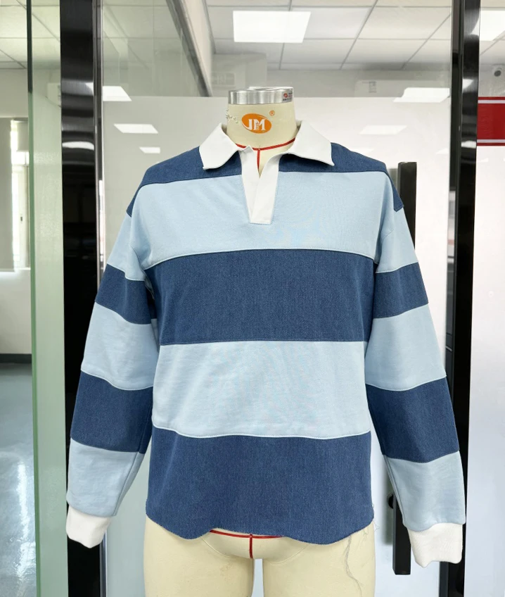 Salati Clothing Manufacturers Custom Plus Size Men's T-shirt Stripe Wash Rugby Polo T Shirt Long Sleeve Denim Shirt for Men gallery 7