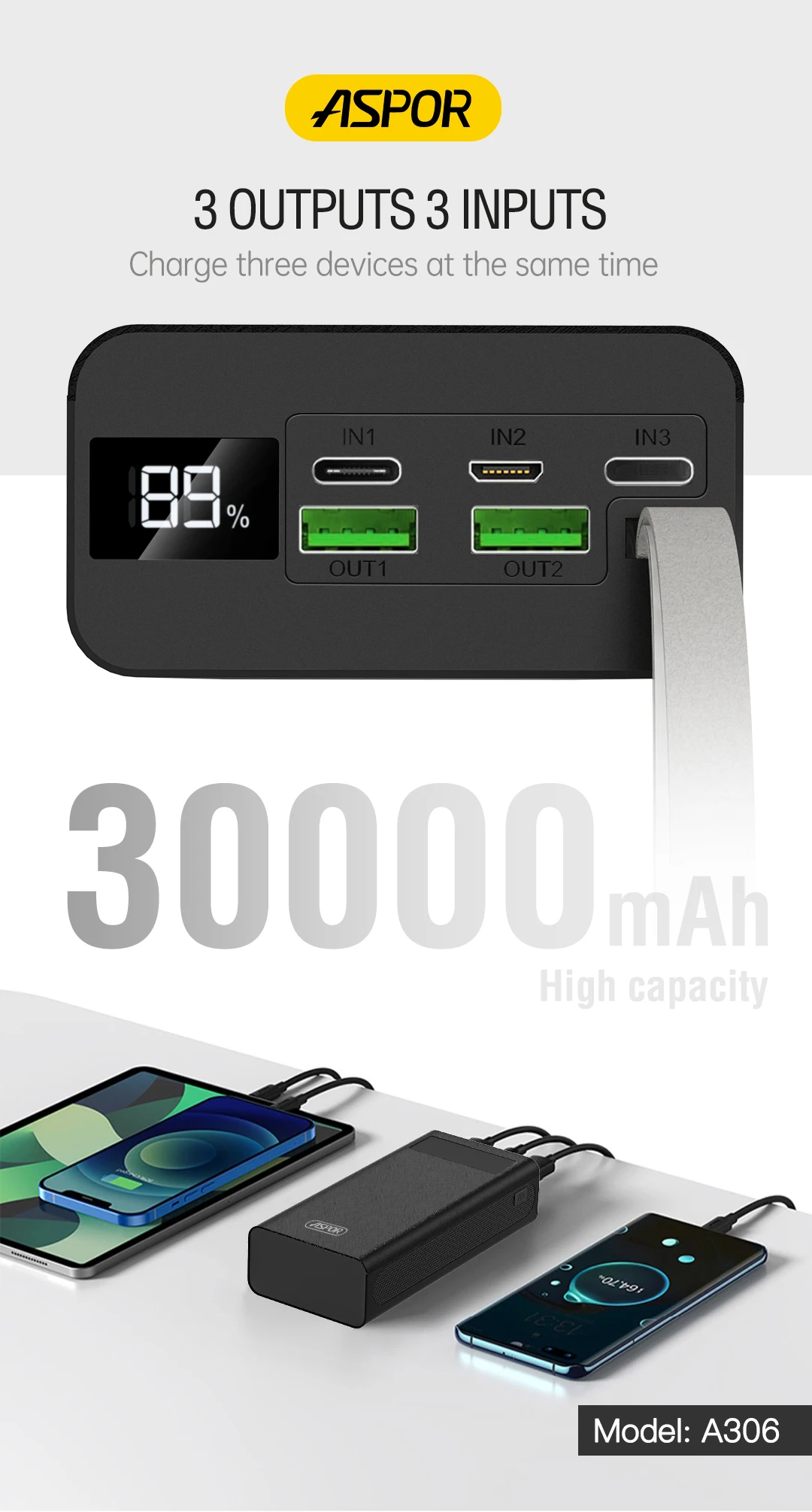 Aspor A306 Power Banks 30000mah Fast Charging Pd 22.5w Portable Phone