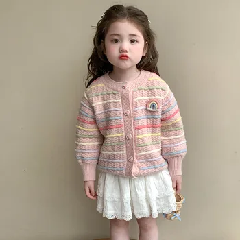 Girls' sweater cardigan jacket 2025 Spring and Autumn New style Children's Korean-style baby color striped knitted sweater top