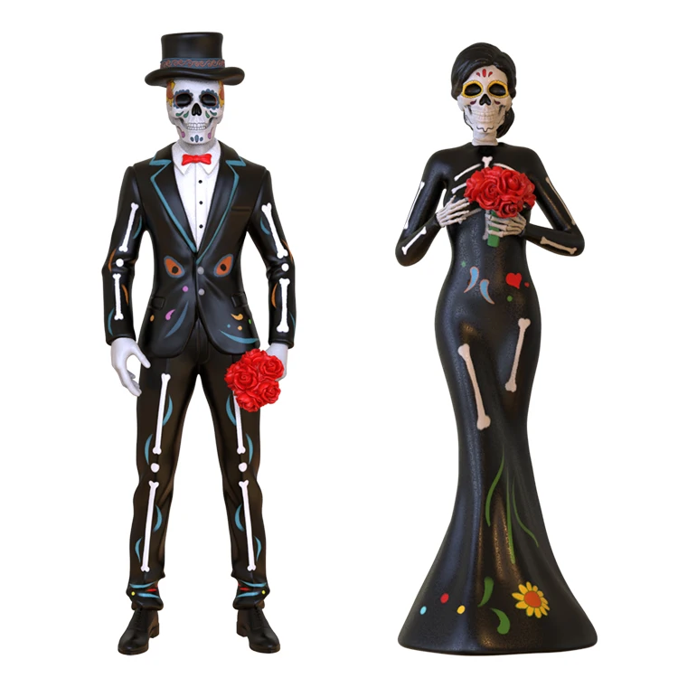 Wholesale Custom Day of the Dead Wedding Celebration Skeleton Couple Mexican Traditional Colors Halloween Figurine Sculpture