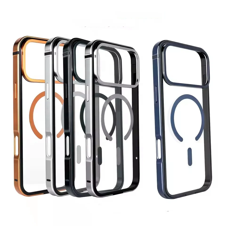 Original Titanium Color Metal Bumper Case for iPhone 17 Pro 17 Pro Max Alloy Silicone Frame Transparent Magnetic PC Back Cover