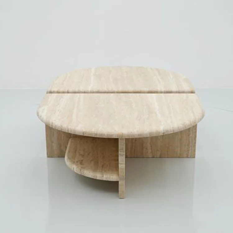 Set of Two Coffee Side Tables for Living Room  Beige Travertine Two Layers Twin Modern Coffee Table With Storage