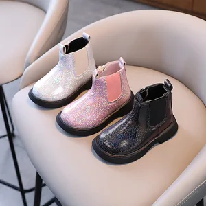 Fashion Autumn and Winter Boots Children's Flat Short Shiny Girls Princess Side Zipper Ankle Boots