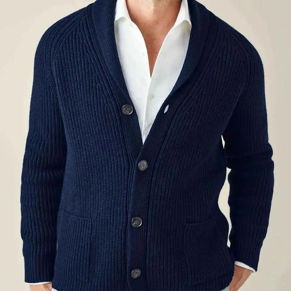 Navy Chunky Knit Men Wool Cashmere Ribbed V-neck Cardigan Sweater Tops ...