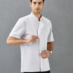 Custom Logo Short Sleeve Breathable Mesh Chef Jacket Design Kitchen All Black Zipper Chef Uniform