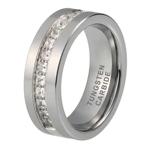 Coolstyle Jewelry 8mm Tungsten Carbide Ring for Men Women Engagement Promise Wedding Band Princess CZ Stone Inlay Comfort Fit