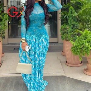 GX3539 Fashion 2026 Elegant Women Clothing Boutique Maxi Dress Long Sleeve Turtleneck Mesh Patchwork Party Evening Dresses