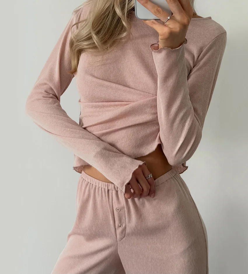 Women's Brushed Pajama Set Soft Breathable Long Sleeve Comfort Fit Pants Cozy Loungewear Autumn Winter Spring — detail