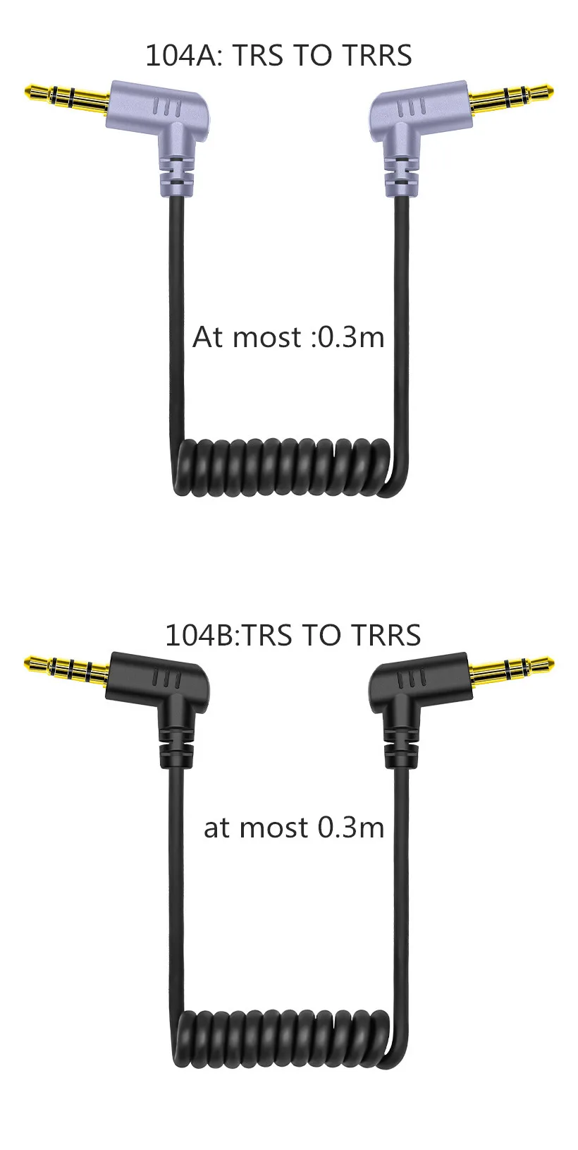 3.5mm Coiled Cable TRS to TRS/ TRRS Spring Audio cable for DSLR Smartphone male to male 600mm (60cm) black colour gold plated shielded braided wire.