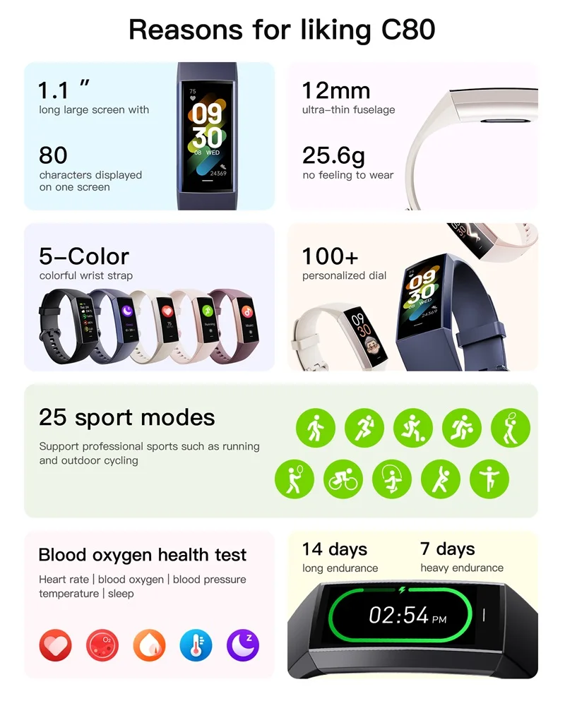 1.1" C80 SpO2 HR BP Sleep Monitoring Body Temperature Smart Band IP67 AMOLED Screen Display OEM ODM Smart Bracelet