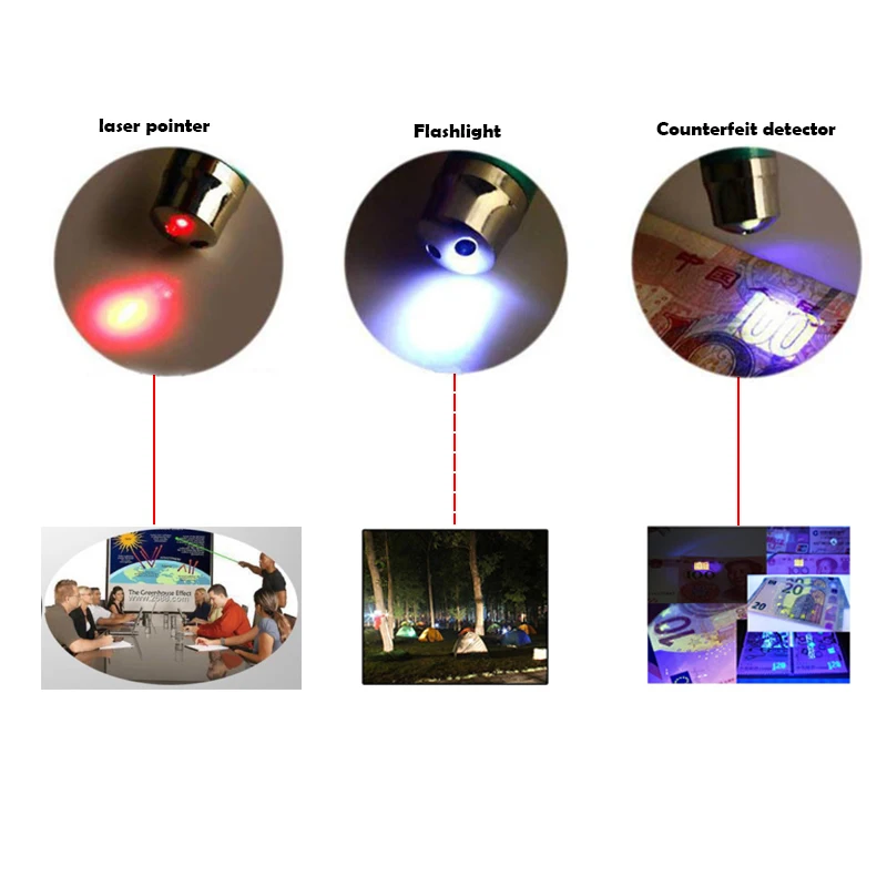 Mini 3 in 1 Multifunction Laser Light Pointer UV LED Torch Flashlight Keychain Carabiner for Working and Camping