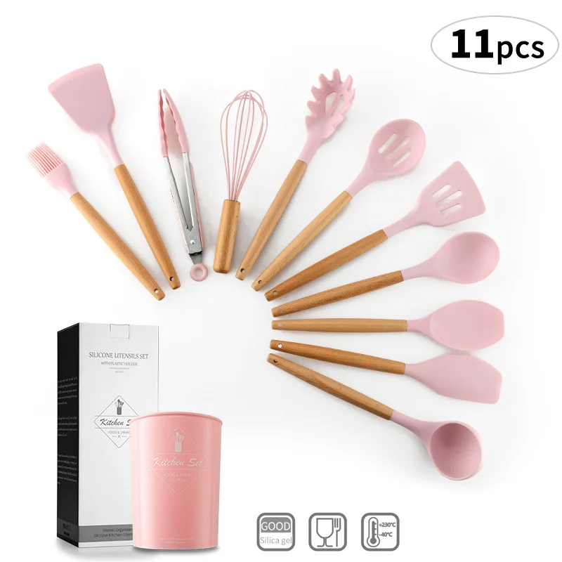 Hot Sale 11Pcs Cute Non Toxic Food Grade Wooden Handle Kitchen Utensils Gadgets Tools Set Silicone Cookware Cooking Utensils Set
