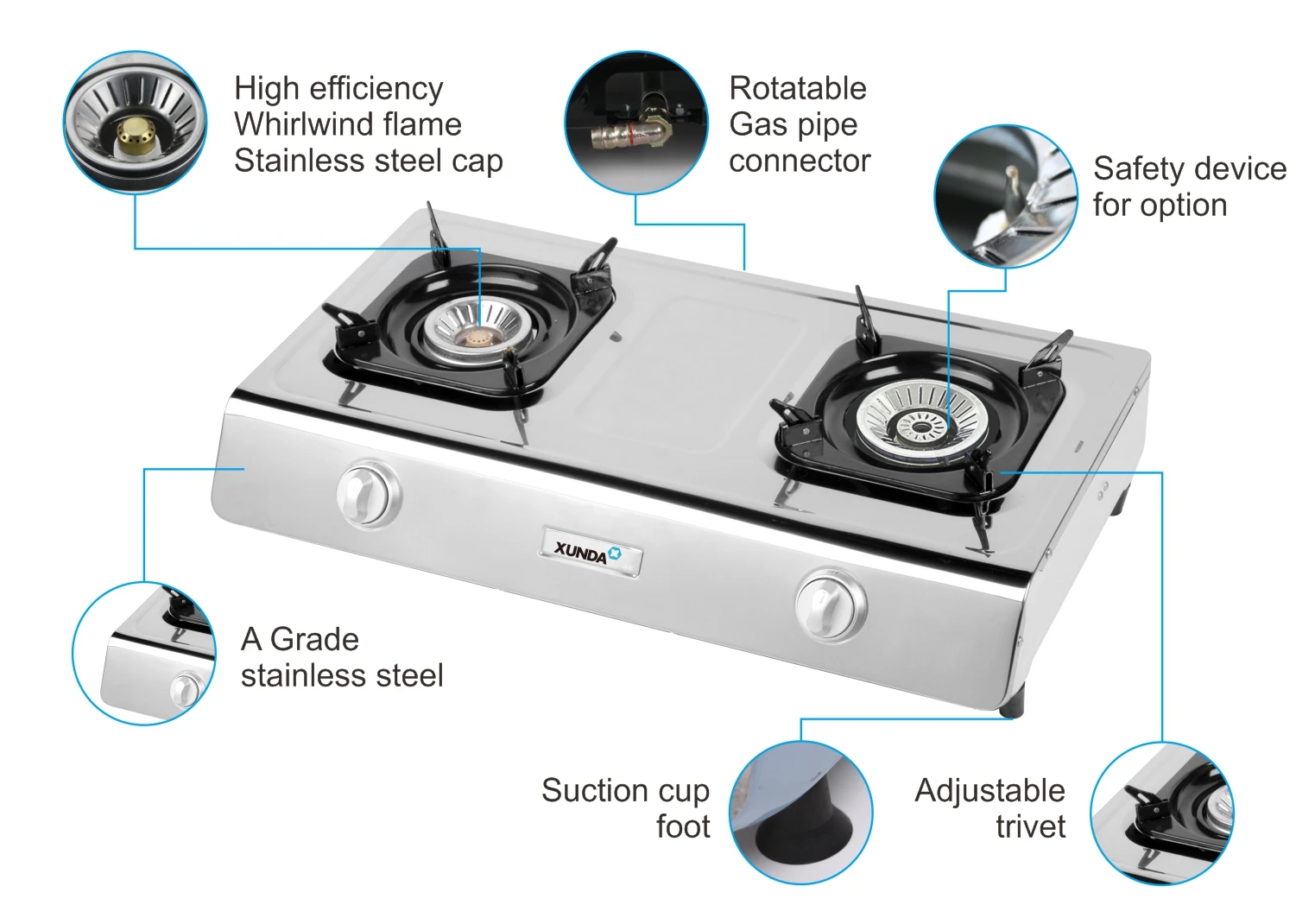 Xunda Wholesale Price Double Burner Gas Stove Stainless Steel Gas