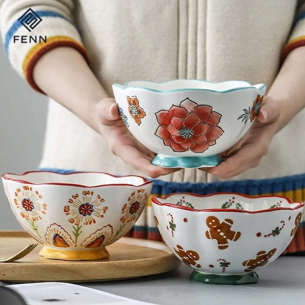 FENN Japanese style creative kawaii embossed flower design ceramic bowl 6 inch dinnerware set for restaurant ceramic salad bowl