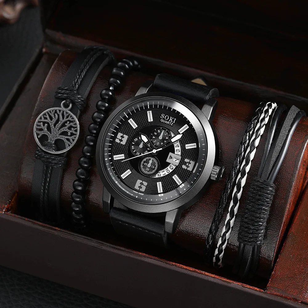 SOKI Brand Watch for Men Business Men Watch Gift Set Casual Leather Strap Number Date Quartz Wristwatches Fashion Watches Man
