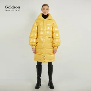 New Trend Winter Jacket RDS Detachable Turn Collar Shiny Yellow Duck Long Bomber Jacket Waterproof Feature Nylon Lining Zipper