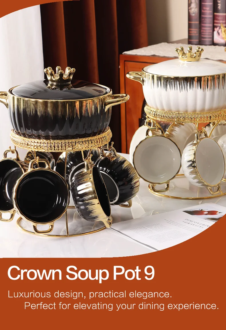 Luxury 9-Piece Ceramic Crown Cover Two Ears Anti-Hot Soup