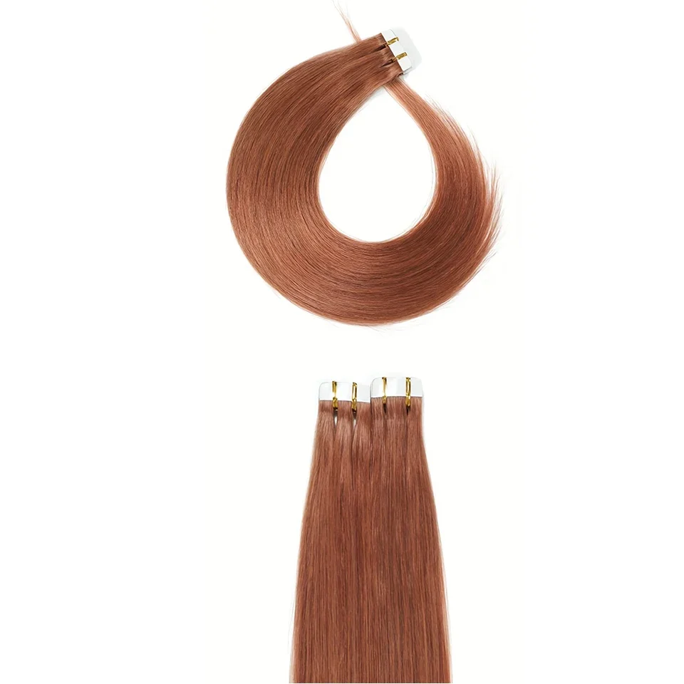 Rotbraune Tape-In-Extensions aus Remy-Menschenhaar für Erwachsene, glatt, langanhaltend, selbstklebend_voghion.com