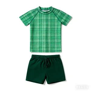 Oeko Tex Custom Eco Friendly Swimwear Two Piece Boy's Fashion Cartoon Striped Short Sleeve Swimsuit Spandex/Polyester Soft