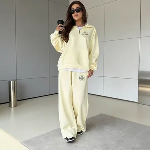 Logo Customized Casual Women's Cotton Polyester Suit Zipper Lapel Pullover Sweat and Loose Wide-leg Pants Jogger Set