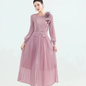 Elegant Mauve Pleated Dress for Women - Long Sleeve Casual Workwear Daily Dress with Belt Flower Decoration