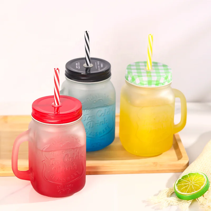 Reusable 16oz 450ml Colored Mason Glass Juice Drinking Jar With Straw Lid Glass Mug for Iced Lemon Water Juice Drinking