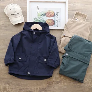 Custom Spring Autumn Baby Solid Color Cotton Hooded Windbreaker Jacket for Boys with Garment Dyed Zipper Shirt Clothes for Kids