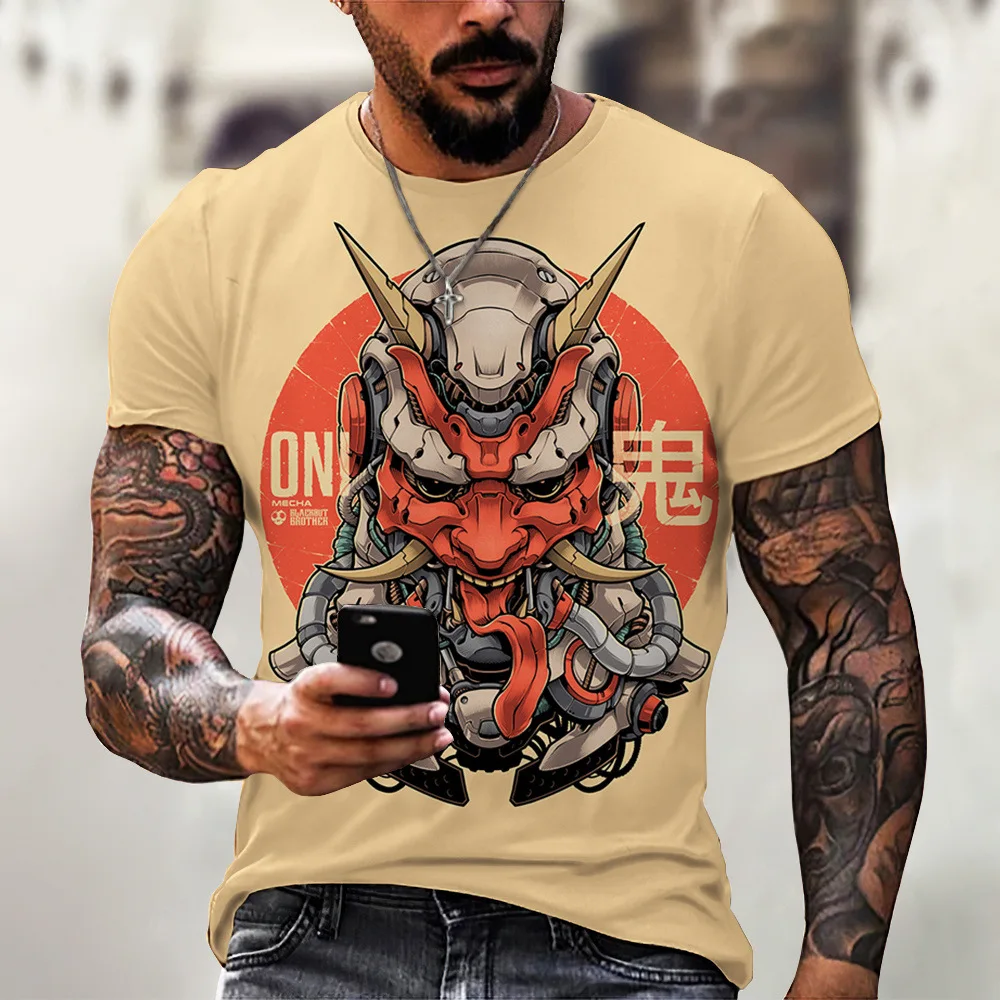 Cross Border Japanese Style Harajuku Samurai Tattoo Men's T-shirt Fashion Art Mask Round Neck Short Sleeved Punk Clothing