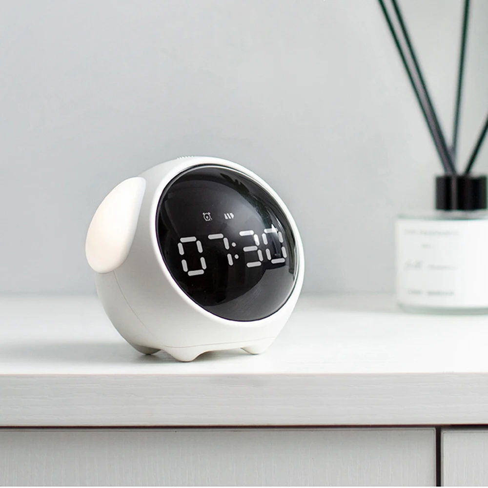 Emoticon Dual Alarm Clock with Voice Control Cute Animal Dog Night Light Smart Multifunction Children's Clock for Desktop Use