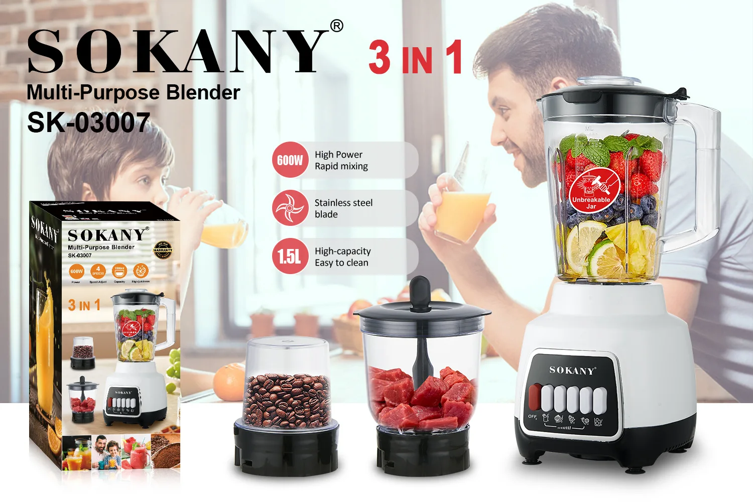 Innoteck 3-in-1 Smoothie Maker & Food Processor - 800W, Fruit Juicer & Grinder, Model 5993