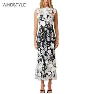 OEM/ODM Women's High Waist Dress for Summer Casual Style Long Skirt with Three-Dimensional Flower Collage Design